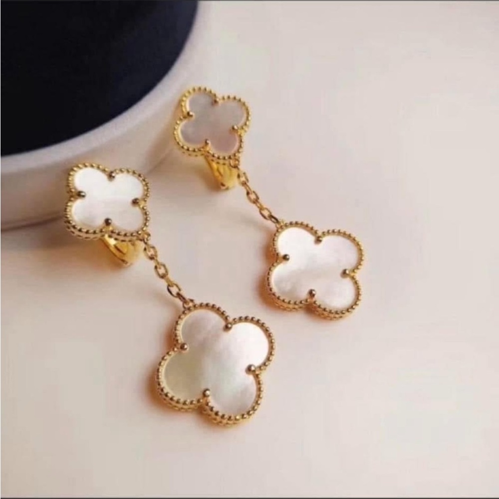 Elegant Gold Plated and White Double Clover Earrings